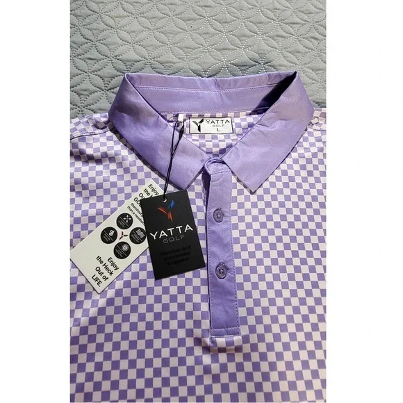 YATTA Golf Polo Shirt Mens Large Purple‎ Checkered Short Sleeve Collared - Picture 4 of 6